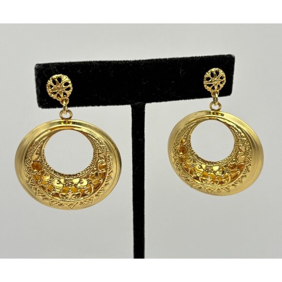 Vintage Gold Tone Filigree Drop Earrings Hoops Classic Elegant Bold 80s - Picture 6 of 6